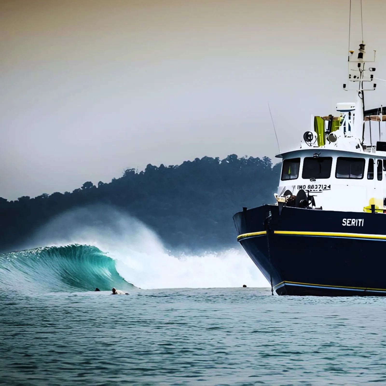 Barco da boat trip em frente a um tubo em Mentawai