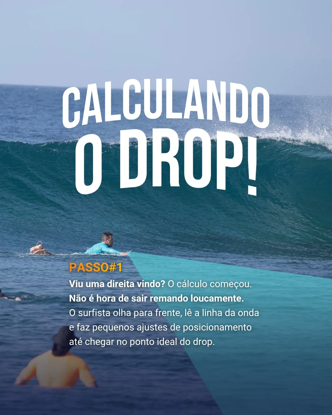 Surfista sentado na prancha olhando uma onda que se aproxima, com o campo de visão destacado