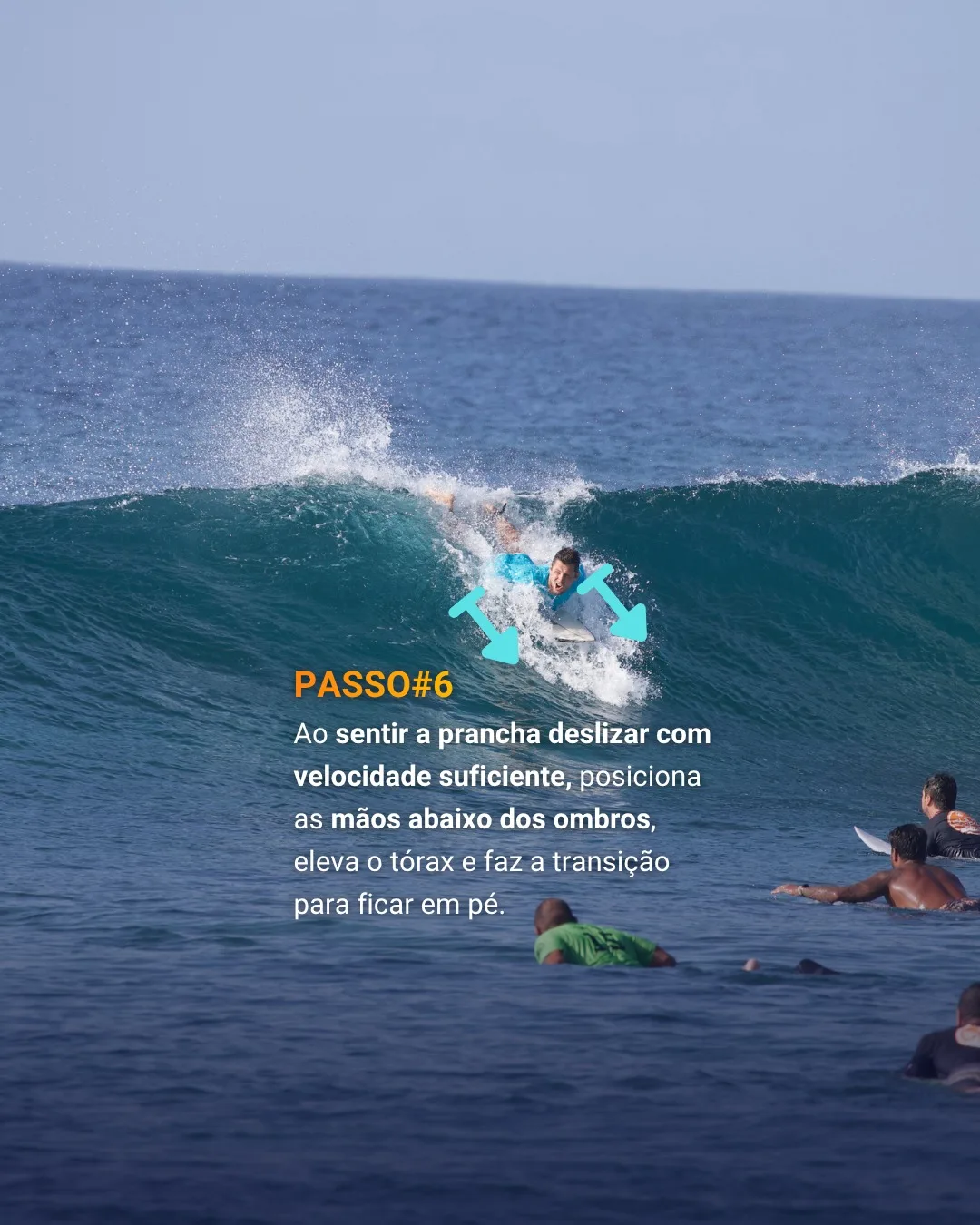Surfista fazendo a transição para ficar de pé, com as mãos apoiadas na prancha