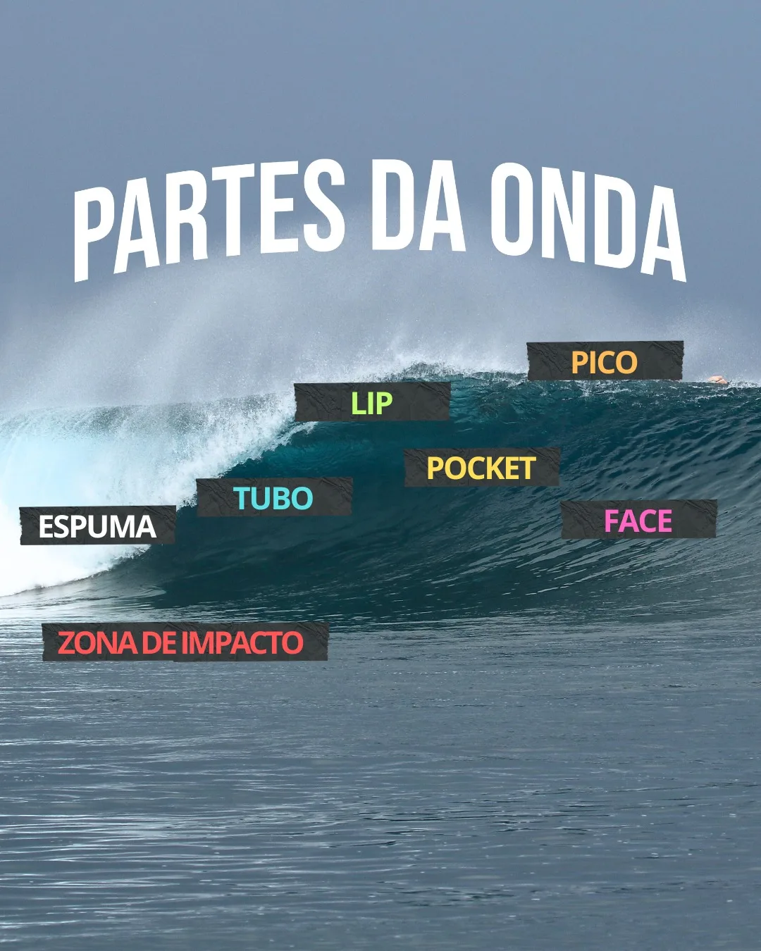 Onda tubular com as sete partes identificadas: pico, lip, pocket, tubo, face, espuma e zona de impacto