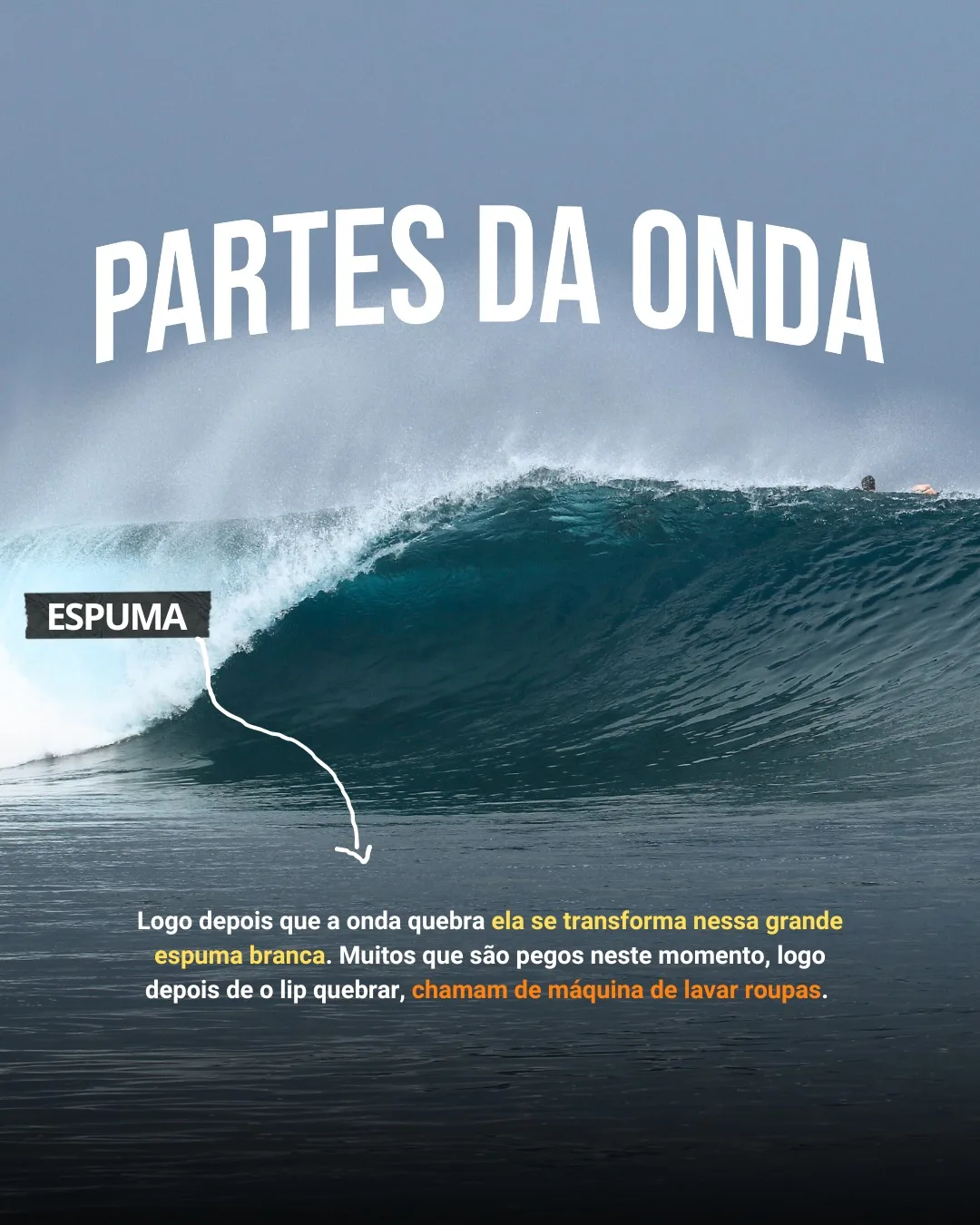 Onda com a etiqueta ESPUMA apontando a espuma branca depois da quebra