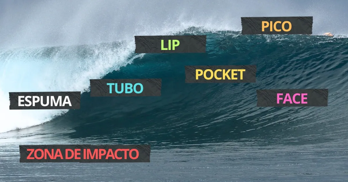 Onda tubular com as etiquetas das partes da onda: pico, lip, tubo, pocket, face, zona de impacto e espuma