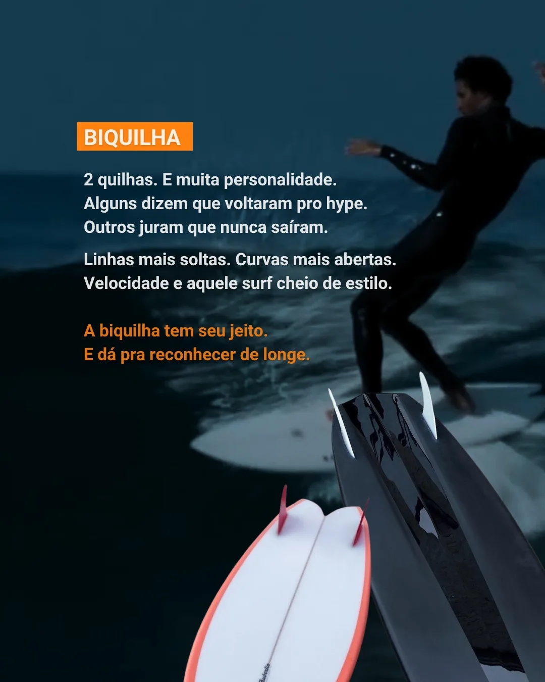 Surfista em manobra e duas pranchas biquilha em destaque
