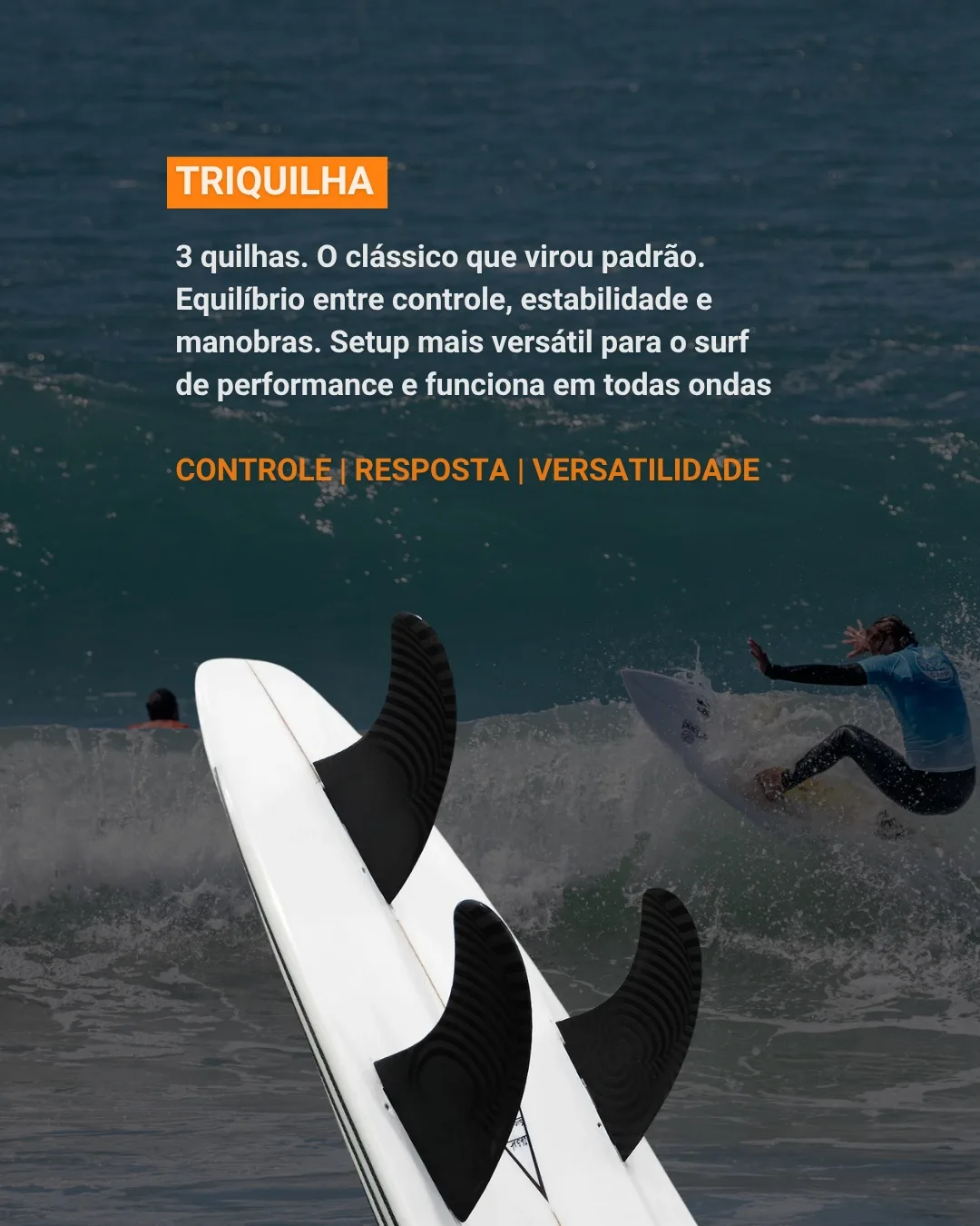 Surfista dando uma batida e prancha branca com três quilhas em destaque