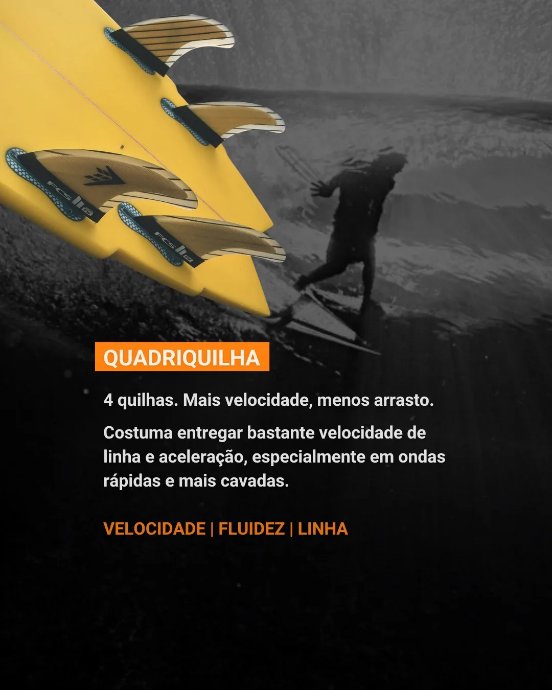Surfista em pé na prancha em foto subaquática e prancha amarela com quatro quilhas