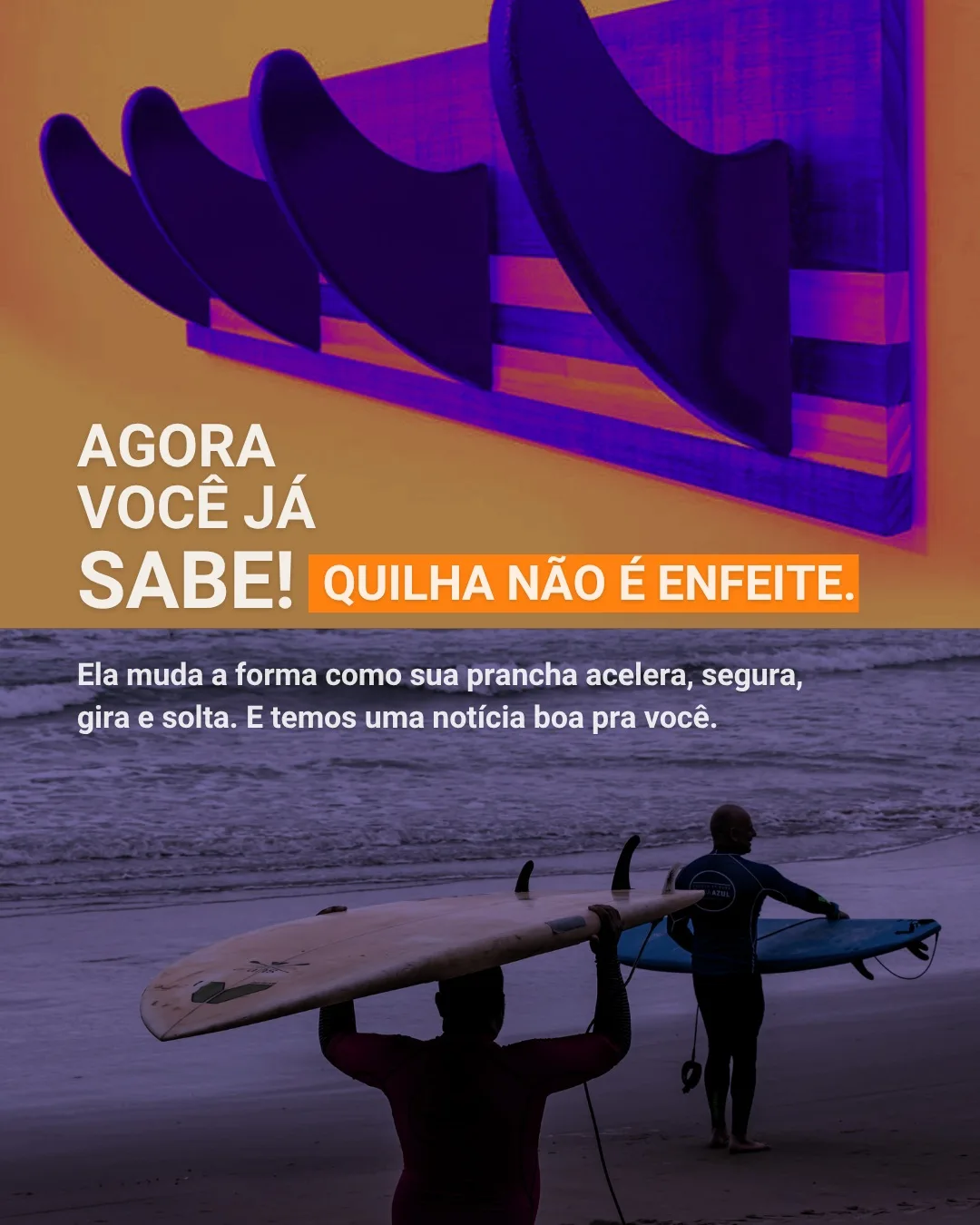 Quatro quilhas de tamanhos diferentes numa tábua e dois surfistas carregando pranchas