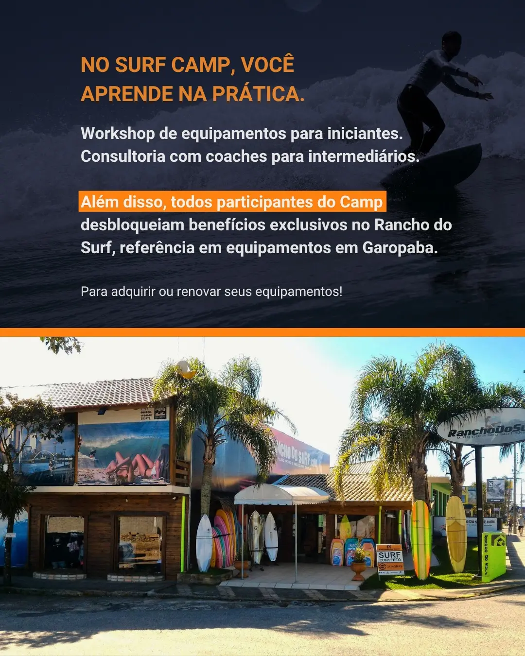 Surfista numa onda e fachada da loja Rancho do Surf, em Garopaba